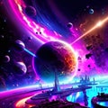 Futuristic space scene with planet and spaceship. Futuristic background. Generative AI