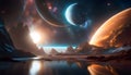 Futuristic space scene with planet and stars. 3d rendering Royalty Free Stock Photo