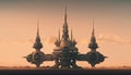 Futuristic space station on alien planet. Abstract palace on the moon at sunset. Desert landscape.