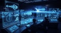 Futuristic space station control room with multiple screens displaying data and graphics Royalty Free Stock Photo
