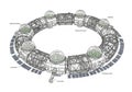 Futuristic space station design featuring a circular structure composed of interconnected modules. Royalty Free Stock Photo
