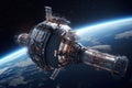 a futuristic space station with flashing lights and sleek design, orbiting the earth