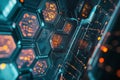 A futuristic space station interior, where interconnected hexagonal panels form a sleek, high-tech