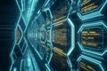 A futuristic space station interior, where interconnected hexagonal panels form a sleek, high-tech