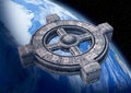 Futuristic space station in orbit of planet Earth. 3D illustration Royalty Free Stock Photo