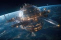 futuristic space station orbiting earth at night Royalty Free Stock Photo