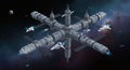 Futuristic space station with a star-shaped structure, featuring multiple docking arms Royalty Free Stock Photo