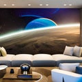 A futuristic, space station-themed living room with illuminated walls and gravity-defying furniture5, Generative AI