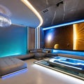 A futuristic, space station-themed living room with illuminated walls and gravity-defying furniture1, Generative AI