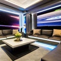 A futuristic, space station-themed living room with illuminated walls and gravity-defying furniture4, Generative AI