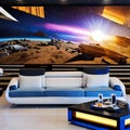 A futuristic, space station-themed living room with illuminated walls and gravity-defying furniture1, Generative AI