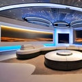 A futuristic, space station-themed living room with illuminated walls and gravity-defying furniture3, Generative AI