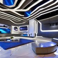 A futuristic, space station-themed living room with illuminated walls and gravity-defying furniture5, Generative AI