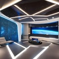 A futuristic, space station-themed living room with illuminated walls and gravity-defying furniture2, Generative AI