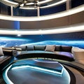 A futuristic, space station-themed living room with illuminated walls and gravity-defying furniture4, Generative AI