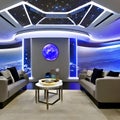 A futuristic, space station-themed living room with illuminated walls and gravity-defying furniture2, Generative AI