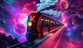 Futuristic Space Train Traveling Through a Neon Galaxy â Sci-Fi Adventure Concept. Royalty Free Stock Photo