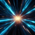 Futuristic space tunnel Neon blue warp jump beams accelerate through stars