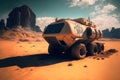 Futuristic space vehicle like Mars rover on alien planet surface, generative A