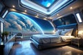 Futuristic spacecraft bedroom with celestial views a modern master suite offering breathtaking panoramic windows showcasing a Royalty Free Stock Photo