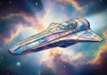 Futuristic spacecraft illustrated flying through a vibrant nebula in outer space. The Royalty Free Stock Photo
