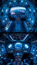 Futuristic spacecraft interior with control panels, soft lighting, and stunning cosmic views Royalty Free Stock Photo