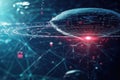 Futuristic spacecraft orbiting a vibrant planet in a digital cosmos filled with data streams Royalty Free Stock Photo