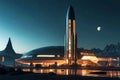 Futuristic spaceport featuring a sleek rocket poised for launch under a starry sky Royalty Free Stock Photo