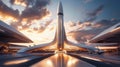 Futuristic spaceport showcasing a sleek rocket poised for launch against a dramatic sunset sky Royalty Free Stock Photo