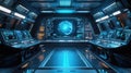 Futuristic spaceship bridge interior with control panels and hologram Royalty Free Stock Photo