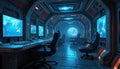 Futuristic spaceship bridge interior. Multiple computer screens display world maps and space views. Chairs face control panels. Royalty Free Stock Photo