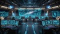 Futuristic spaceship bridge interior with multiple glowing blue holographic displays and control panels Royalty Free Stock Photo