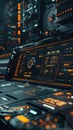 Futuristic spaceship cockpit control panel with orange glowing digital head-up display hud interface for data analysis, cyber Royalty Free Stock Photo