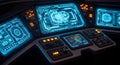 Futuristic spaceship cockpit with multiple glowing blue digital displays and control panels Royalty Free Stock Photo