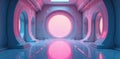 Futuristic spaceship corridor with pink and blue lighting and large circular windows offering a view of a pastel sky. Generative Royalty Free Stock Photo