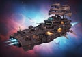 A futuristic spaceship with a design resembling a pirate ship sails through space. It Royalty Free Stock Photo