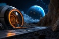 Futuristic spaceship on a desolate alien planet with a blue planet in the background