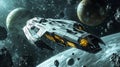 Futuristic spaceship exploring outer space, asteroid field backdrop Royalty Free Stock Photo