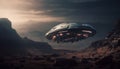 Futuristic spaceship flies over majestic mountain range in alien landscape generated by AI