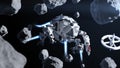 Futuristic spaceship flying in space between asteroids