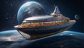 Futuristic spaceship hotel carrying passengers in space. Modern retro technology concept.