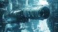 Futuristic spaceship hovering amidst a complex industrial environment