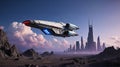 Futuristic Spaceship Hovering Over Alien Cityscape Royalty Free Stock Photo