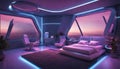 A futuristic spaceship-inspired bedroom with neon lights and sleek metallic