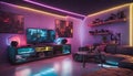 A futuristic spaceship-inspired bedroom with neon lights and sleek metallic