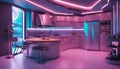 A futuristic spaceship-inspired bedroom with neon lights and sleek metallic