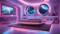 A futuristic spaceship-inspired bedroom with neon lights and sleek metallic