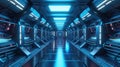 Futuristic spaceship interior, perspective of blue corridor with computer terminals and control panels in starship. Inside space Royalty Free Stock Photo