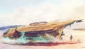 Futuristic spaceship landing on lost post apocalyptic planet concept art