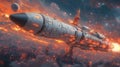 Futuristic Spaceship Launching into Starry Sky from Neon City